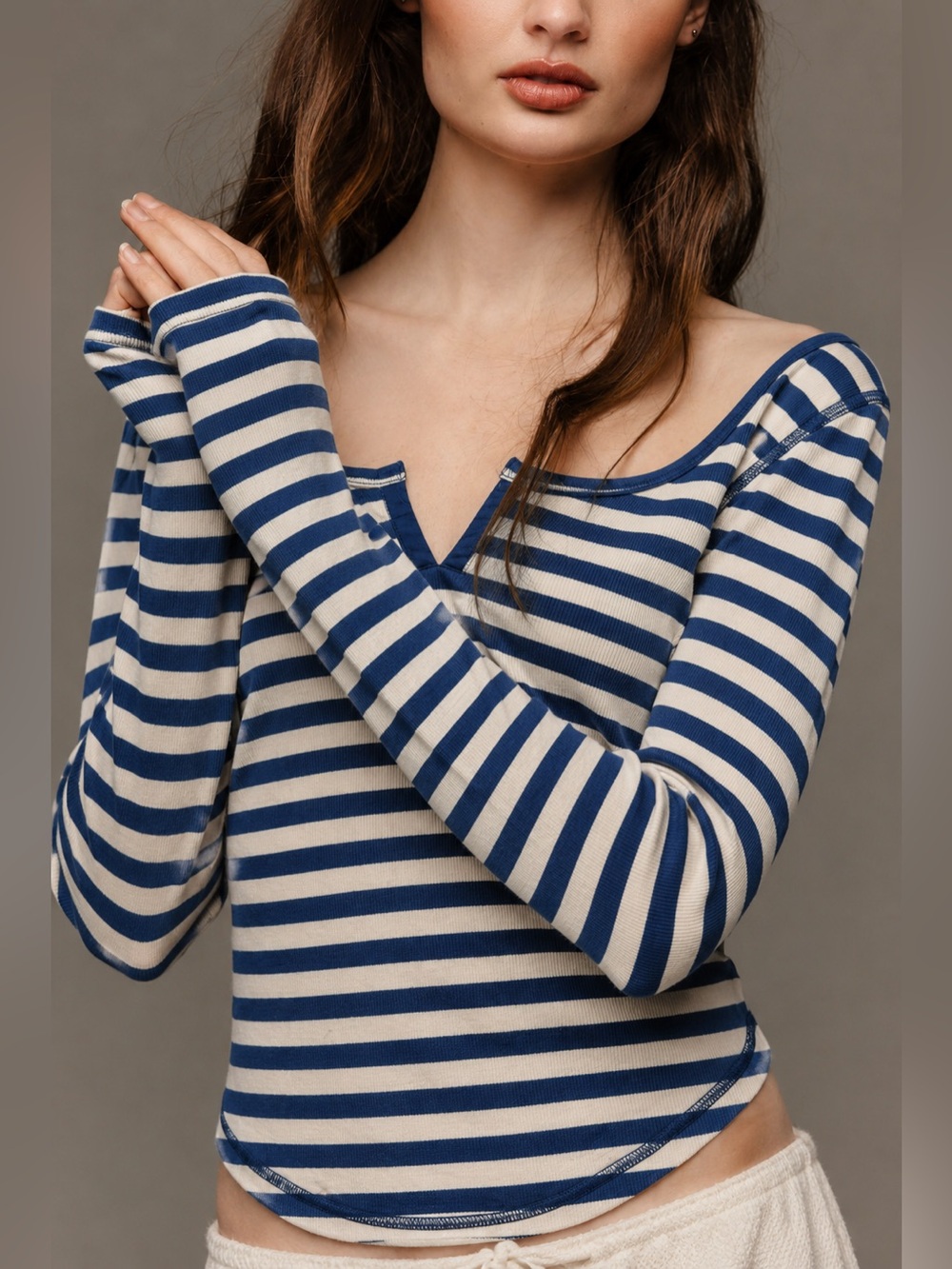 Anthropologie Pilcro Notched Long Sleeve Tee Blue Stripe M Ribbed Knit Cotton